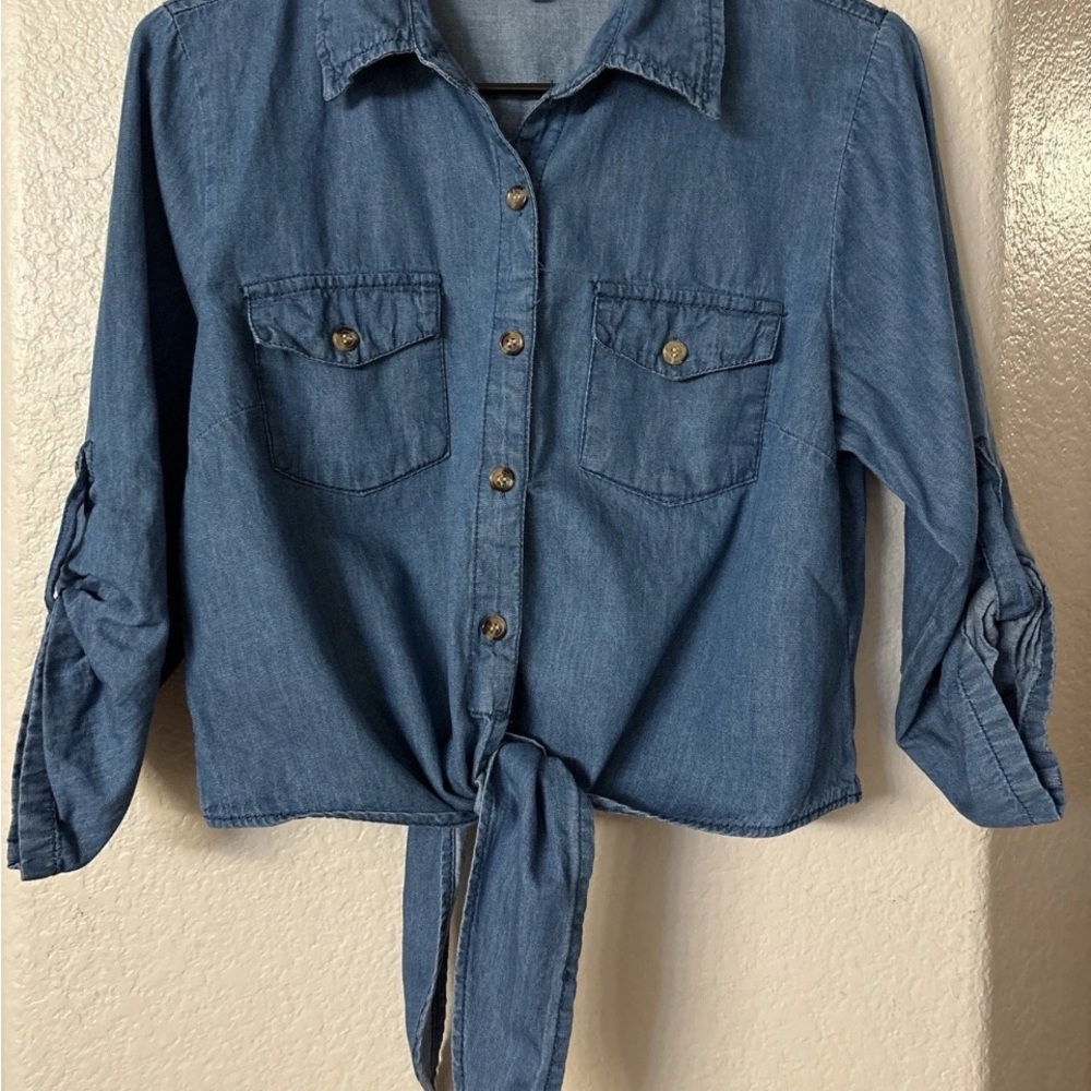 Speed Limit Womens Denim Crop Top 3/4 Sleeve Tie Front Sz Large- 100% Cotton